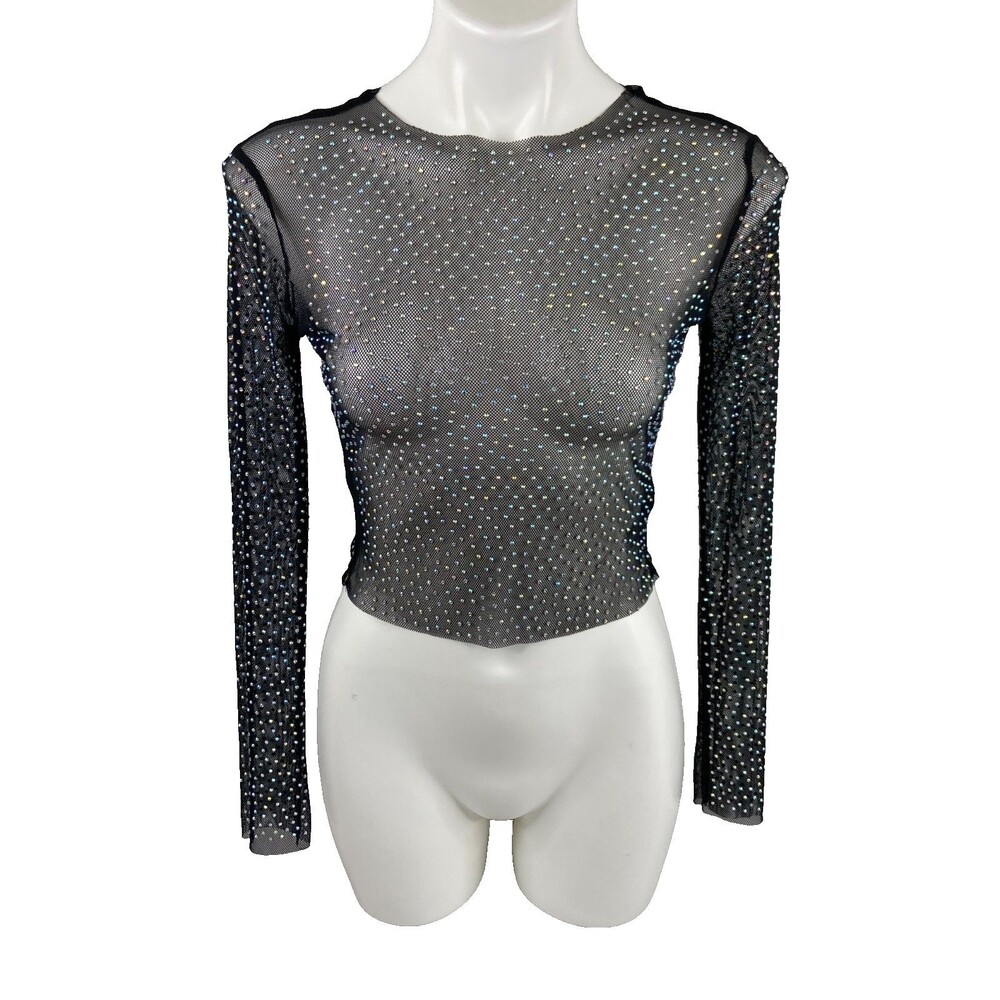Iris Women Small Tulle Top Black Rhinestone Sheer Long Sleeve Club Festival NWT